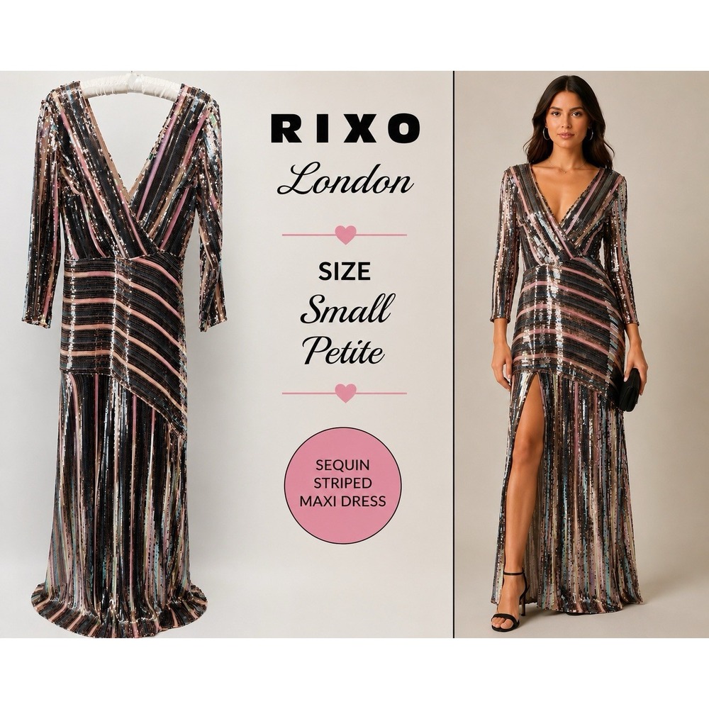RIXO London Tyra Sequin Stripe Wrap Maxi Dress Rose Gold Long Slv Formal Sz S P
